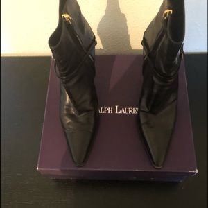 Ralph Lauren Purple Label black stiletto bootie. GORGEOUS w/gold metal detail.